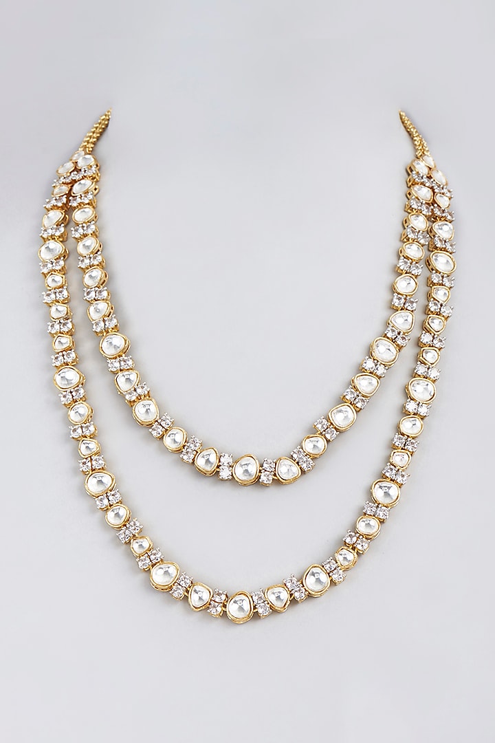 Gold Finish Kundan Polki Layered Necklace by VASTRAA Jewellery at Pernia's Pop Up Shop