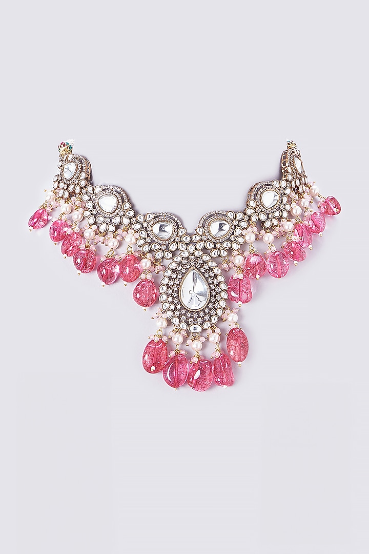 Gold Finish Kundan Polki & Pink Stone Necklace by VASTRAA Jewellery at Pernia's Pop Up Shop