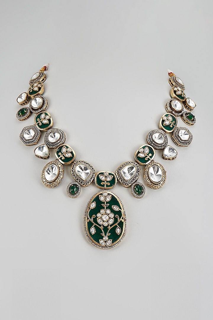 Gold Finish Kundan Polki & Synthetic Emerald Necklace by VASTRAA Jewellery at Pernia's Pop Up Shop