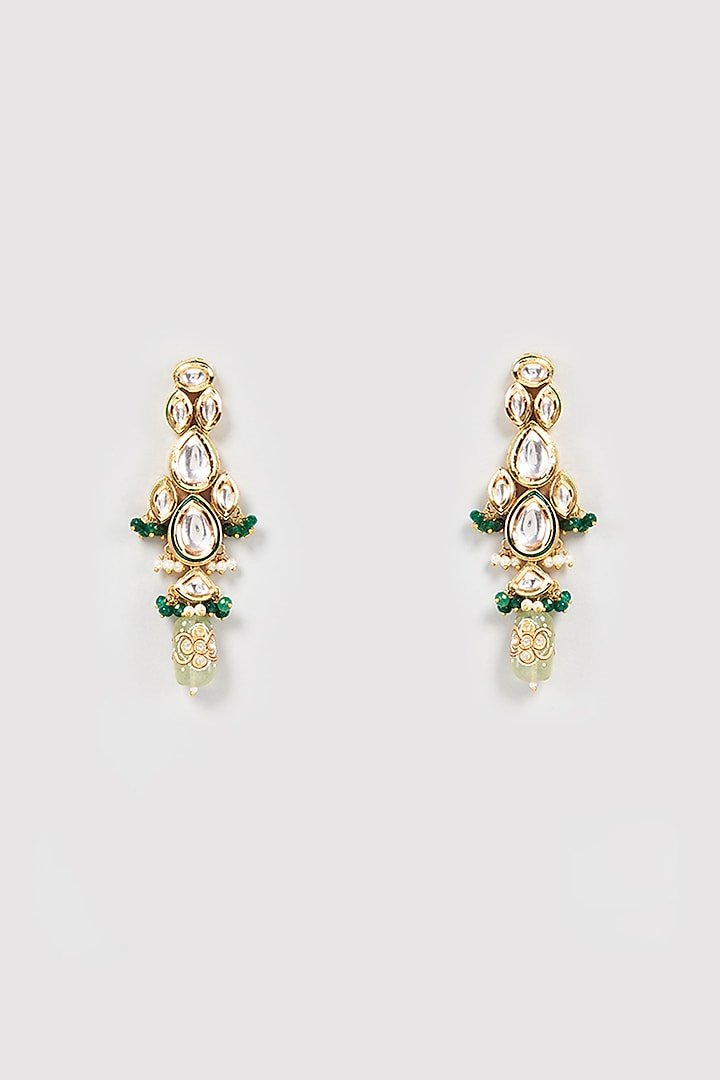 Gold Finish Kundan Polki & Green Stone Dangler Earrings by VASTRAA Jewellery at Pernia's Pop Up Shop