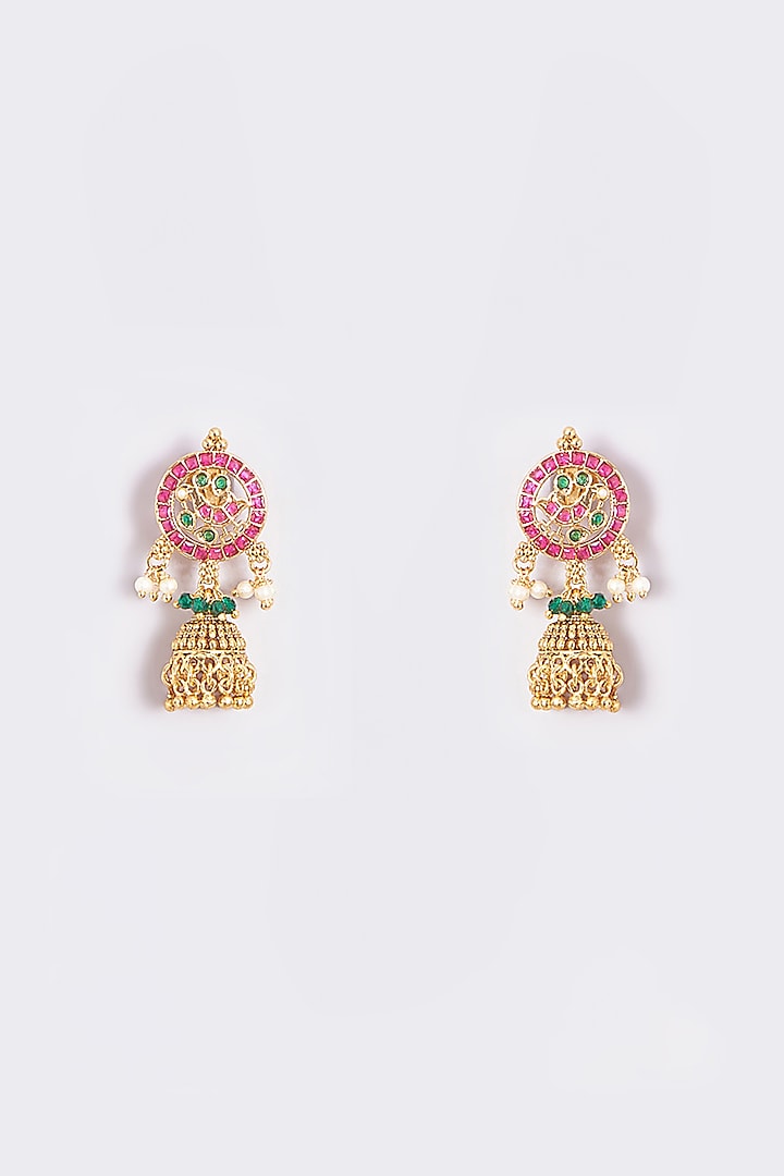 Gold Finish Red & Green Stone Dangler Earrings by VASTRAA Jewellery at Pernia's Pop Up Shop