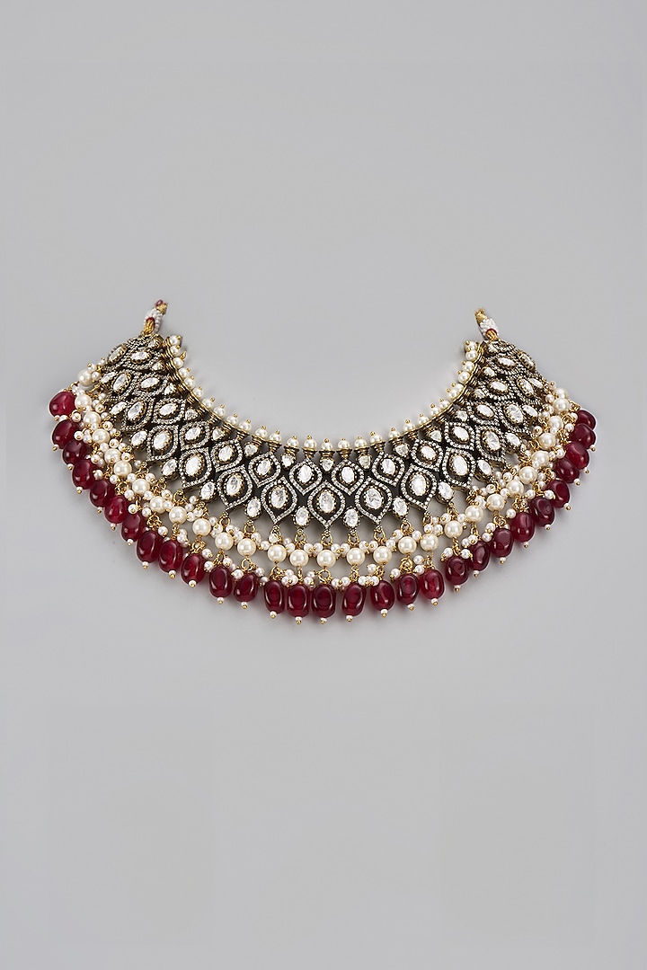 Black Rhodium Finish Kundan Polki & Red Stone Necklace by VASTRAA Jewellery at Pernia's Pop Up Shop