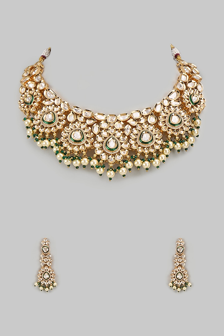 Gold Finish Kundan Polki Necklace Set by VASTRAA Jewellery at Pernia's Pop Up Shop