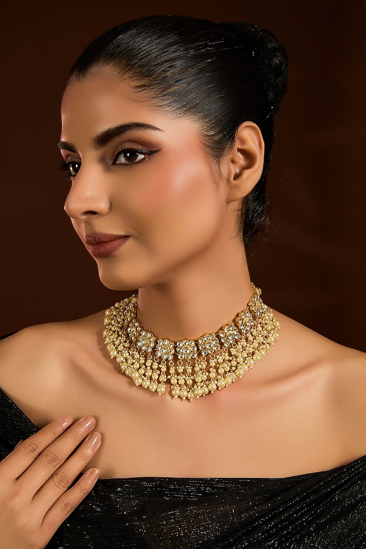 Gold Finish Beaded Choker Necklace by VASTRAA Jewellery at Pernia's Pop Up Shop