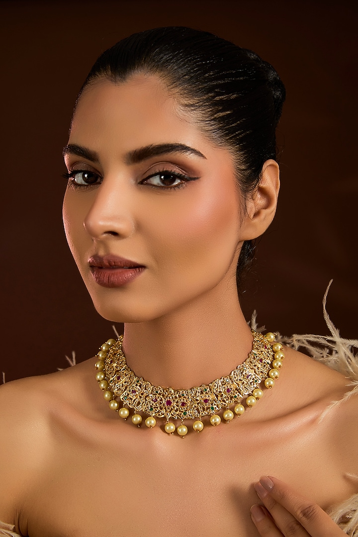 Gold Finish Beaded Choker Necklace by VASTRAA Jewellery at Pernia's Pop Up Shop