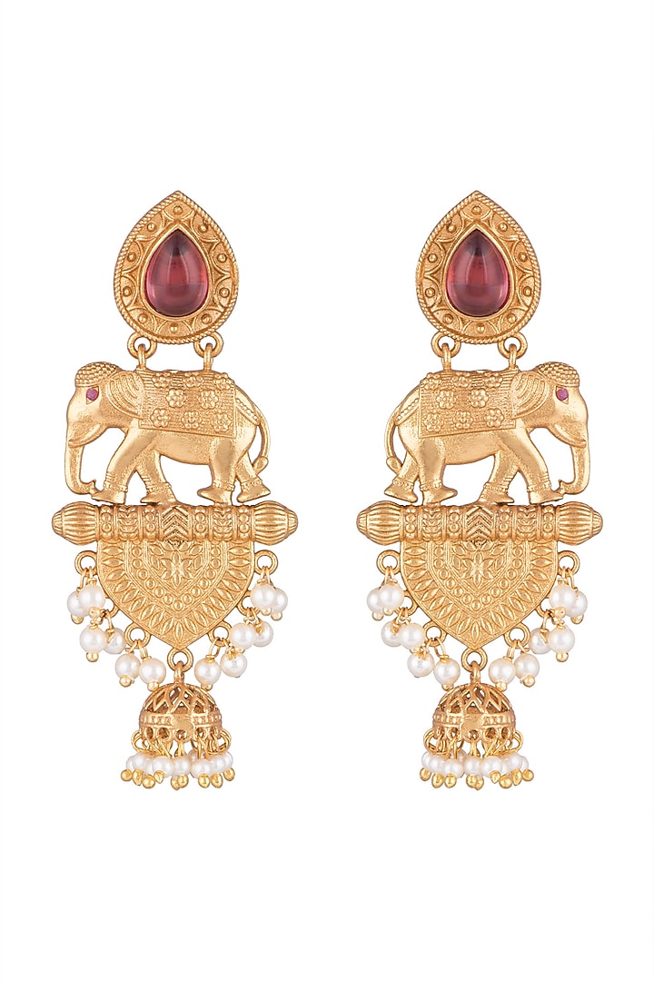 Gold Finish Faux Pearls & Red Stones Earrings by VASTRAA Jewellery at Pernia's Pop Up Shop