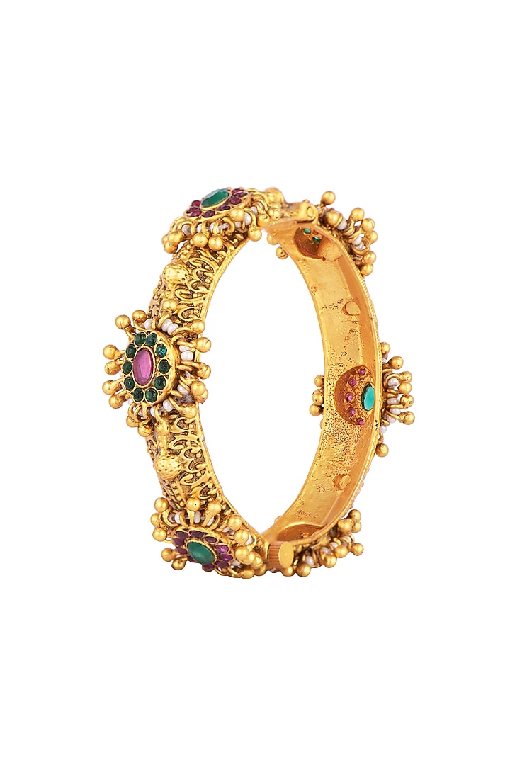 Gold Finish Red & Green Stone Bangles (Set of 2) by VASTRAA Jewellery at Pernia's Pop Up Shop