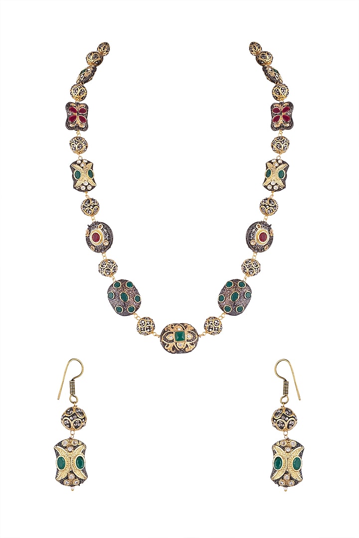 Gold Finish Multi-Colored Stone Mala Necklace Set by VASTRAA Jewellery at Pernia's Pop Up Shop