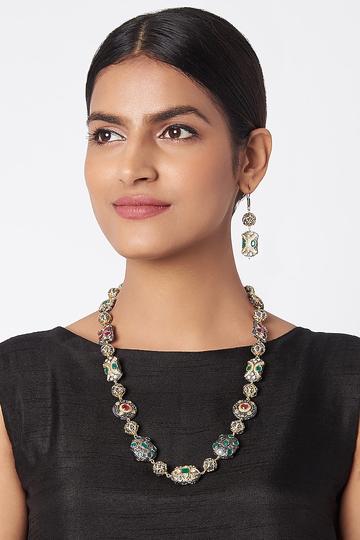 Gold Finish Multi-Colored Stone Mala Necklace Set by VASTRAA Jewellery at Pernia's Pop Up Shop