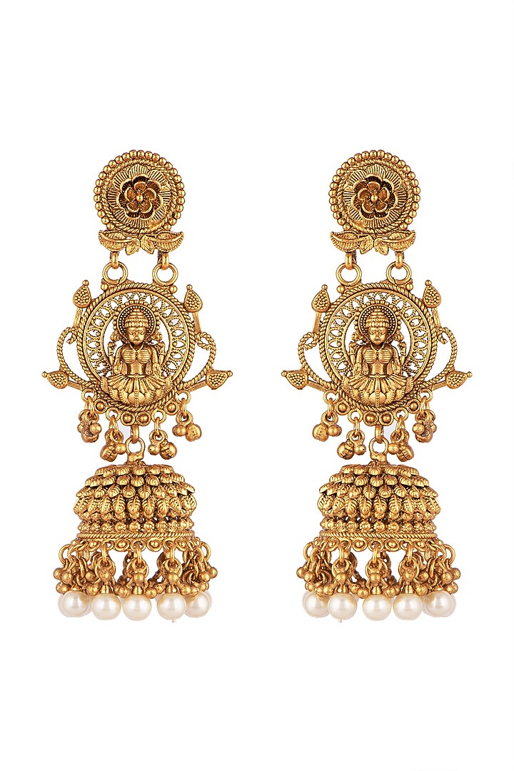 Gold Finish Temple Jhumka Earrings by VASTRAA Jewellery at Pernia's Pop Up Shop