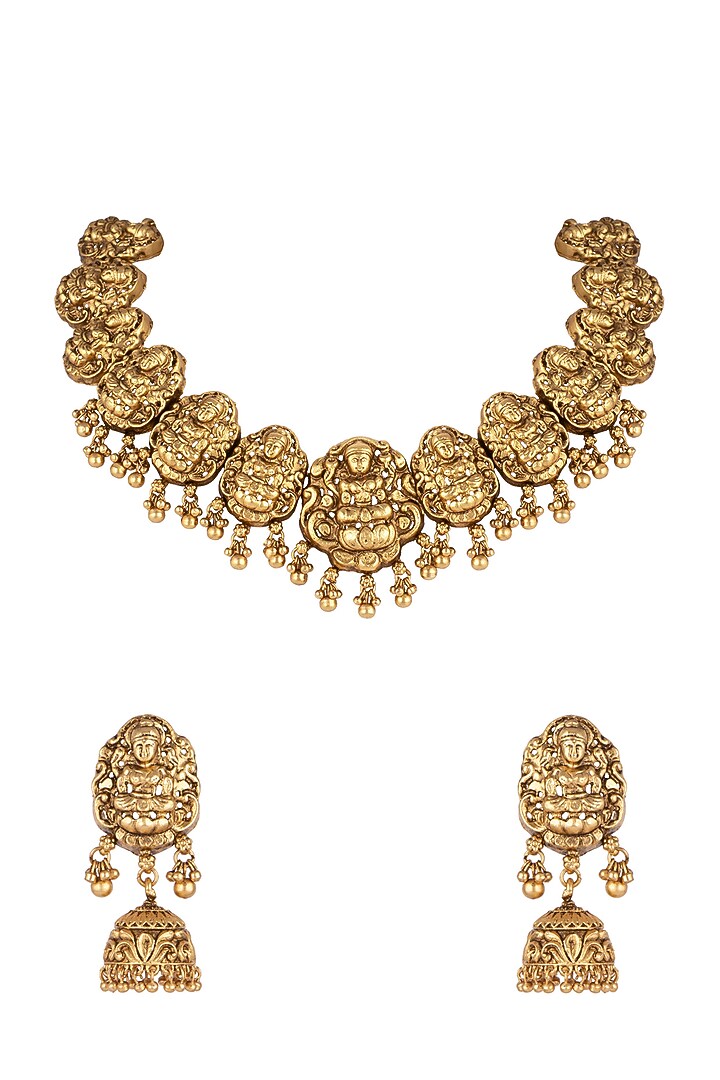 Gold Finish Temple Necklace Set by VASTRAA Jewellery at Pernia's Pop Up Shop