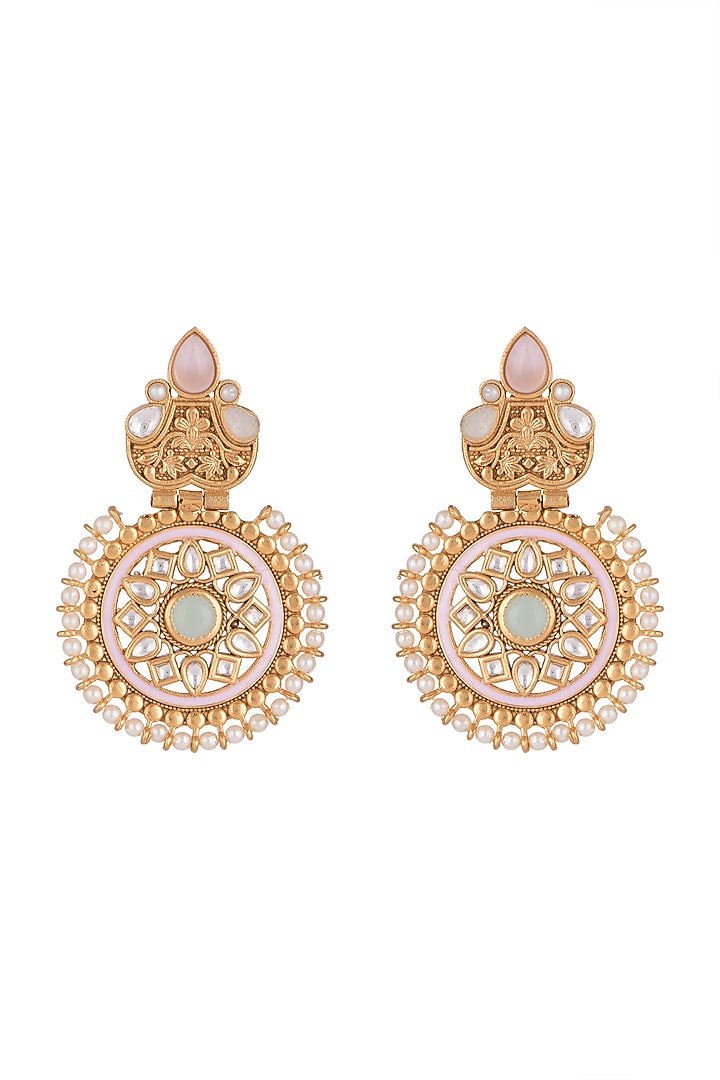 Gold Finish Kundan Polki & Pearl Meenakari Earrings by VASTRAA Jewellery at Pernia's Pop Up Shop