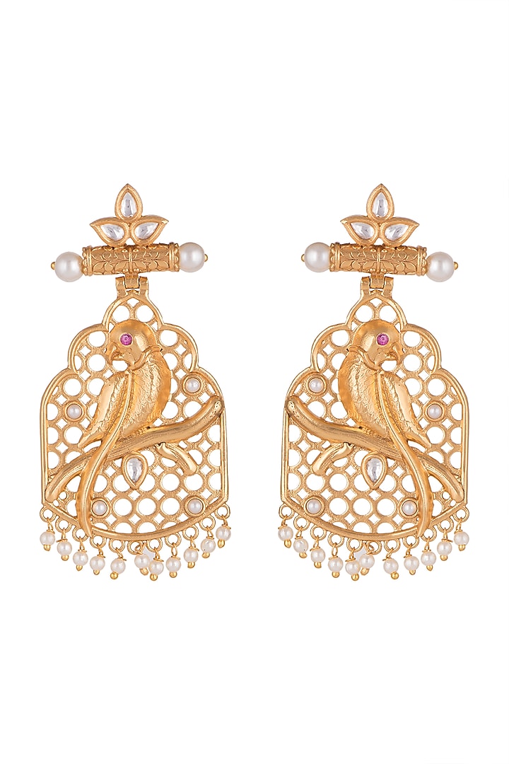 Gold Finish Kundan Polki & Pearl Antique Parrot Earrings by VASTRAA Jewellery at Pernia's Pop Up Shop