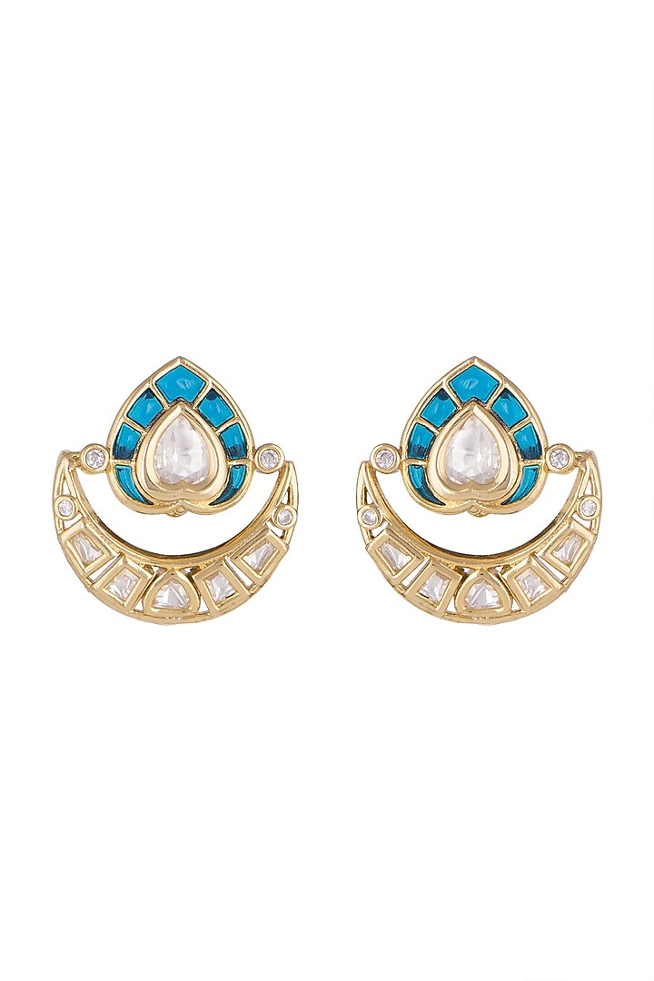 Gold Finish Kundan Polki & Blue Stone Stud Earrings by VASTRAA Jewellery at Pernia's Pop Up Shop