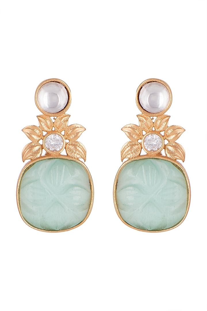 Gold Finish Kundan Polki & Turquoise Stone Earrings by VASTRAA Jewellery at Pernia's Pop Up Shop