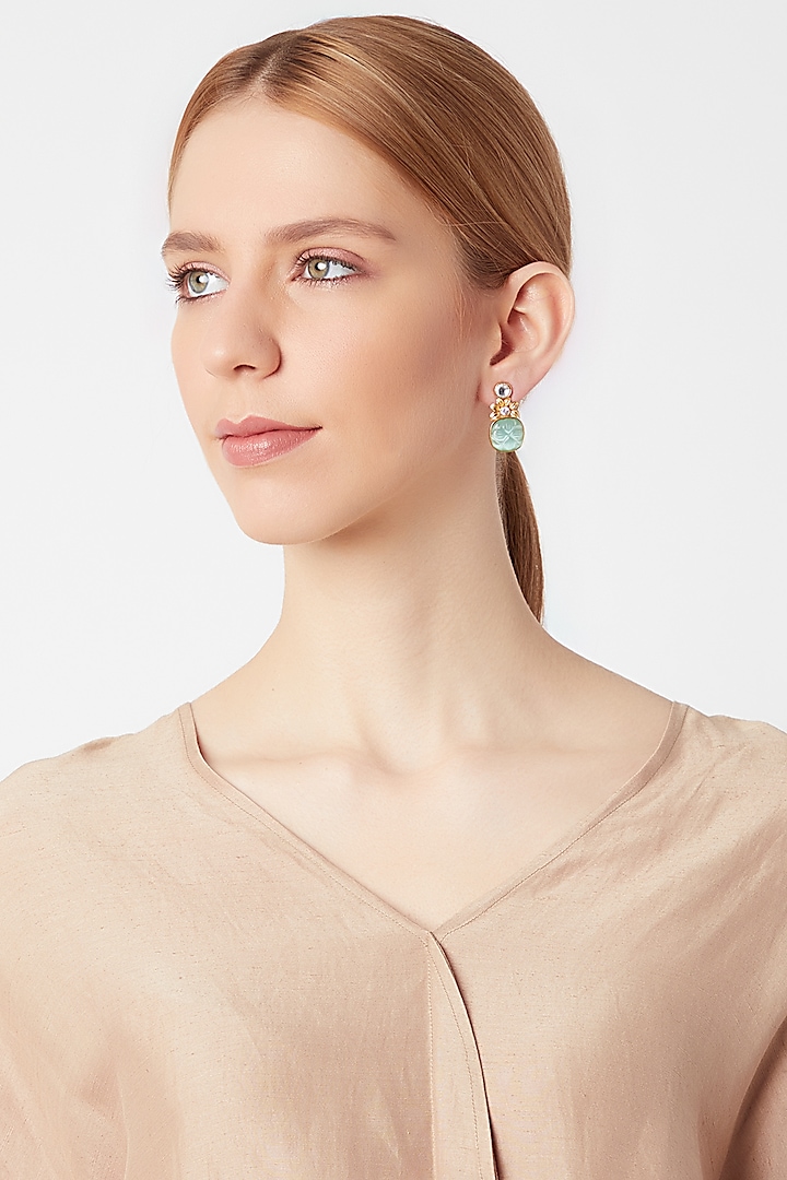 Gold Finish Kundan Polki & Turquoise Stone Earrings by VASTRAA Jewellery