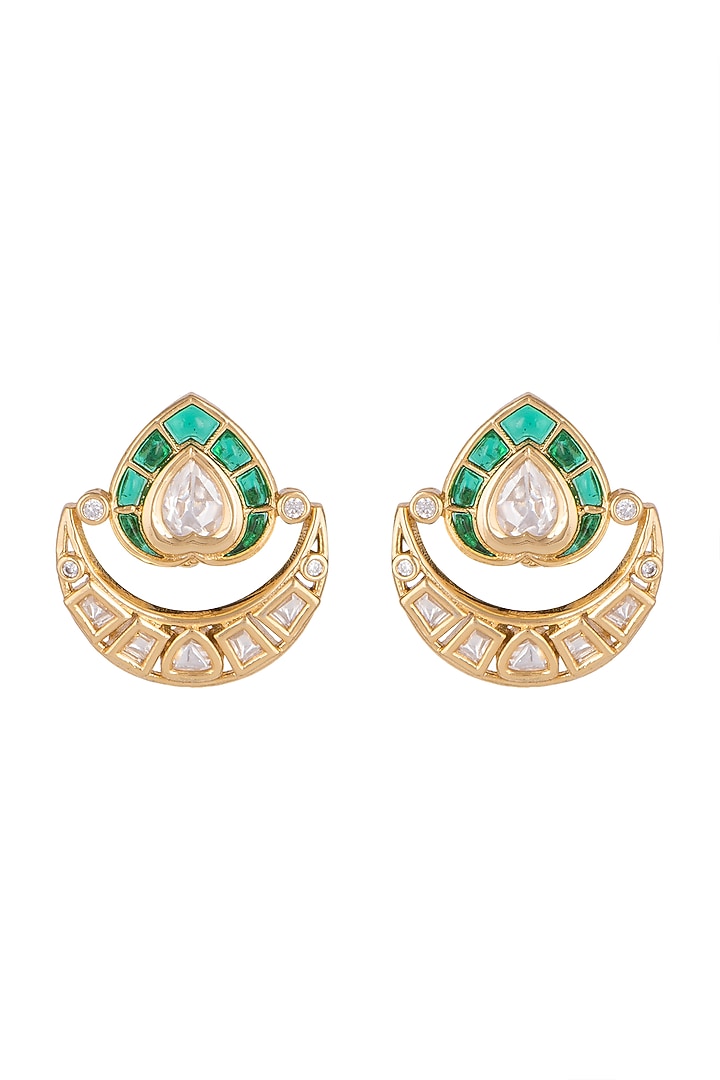 Gold Finish Kundan Polki & Green Stone Stud Earrings by VASTRAA Jewellery at Pernia's Pop Up Shop