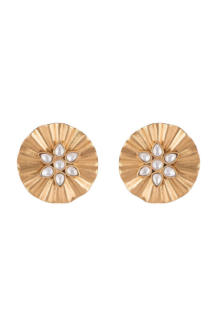 Gold Finish Kundan Polki Textured Earrings by VASTRAA Jewellery at Pernia's Pop Up Shop