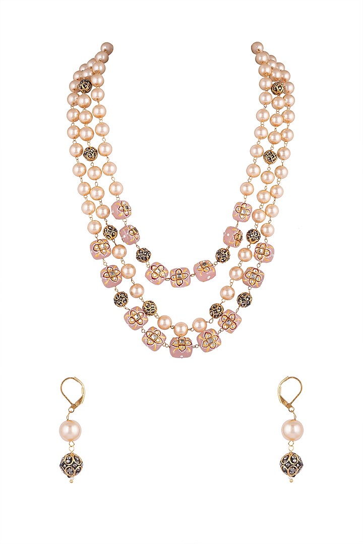 Gold Finish Faux Pearl & Pink Stone Necklace Set by VASTRAA Jewellery at Pernia's Pop Up Shop