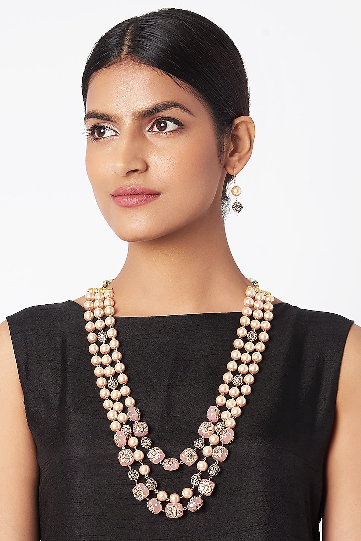Gold Finish Faux Pearl & Pink Stone Necklace Set by VASTRAA Jewellery
