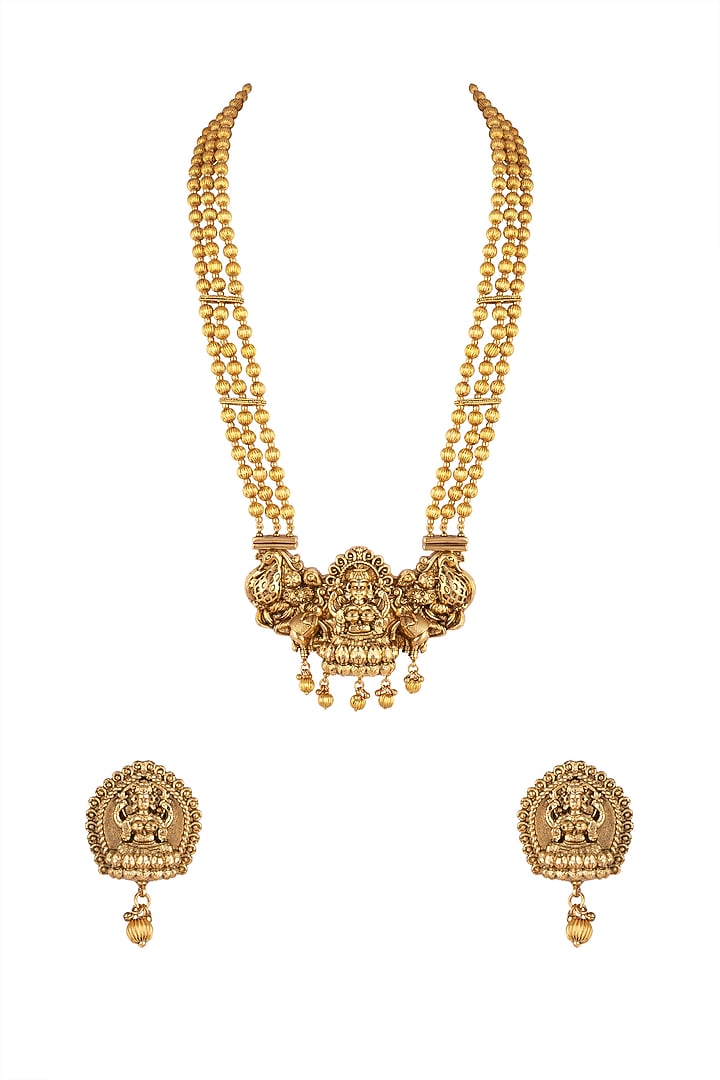 Gold Finish Long Temple Necklace Set by VASTRAA Jewellery at Pernia's Pop Up Shop