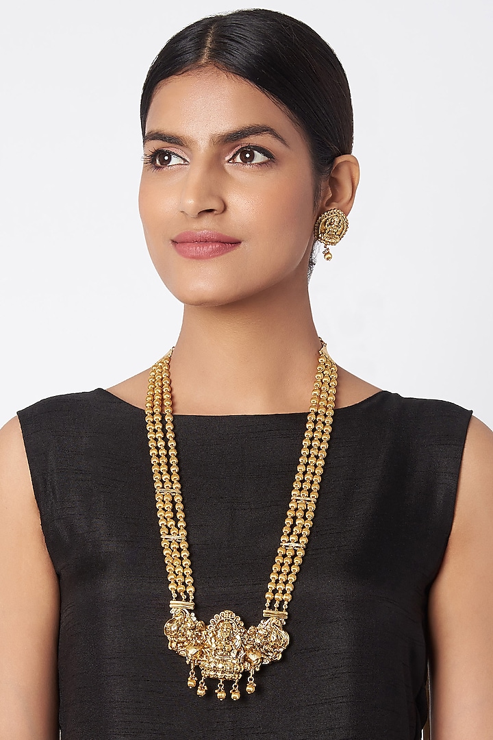 Gold Finish Long Temple Necklace Set by VASTRAA Jewellery