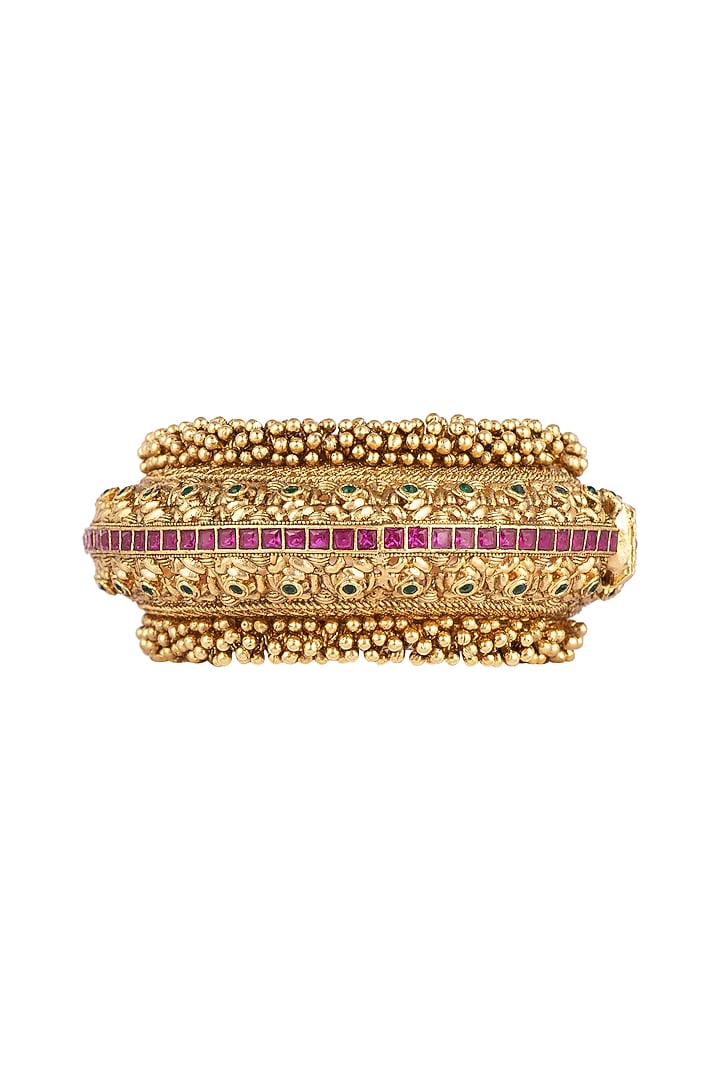 Gold Finish Red Kundan Polki Oversized Bangle by VASTRAA Jewellery at Pernia's Pop Up Shop
