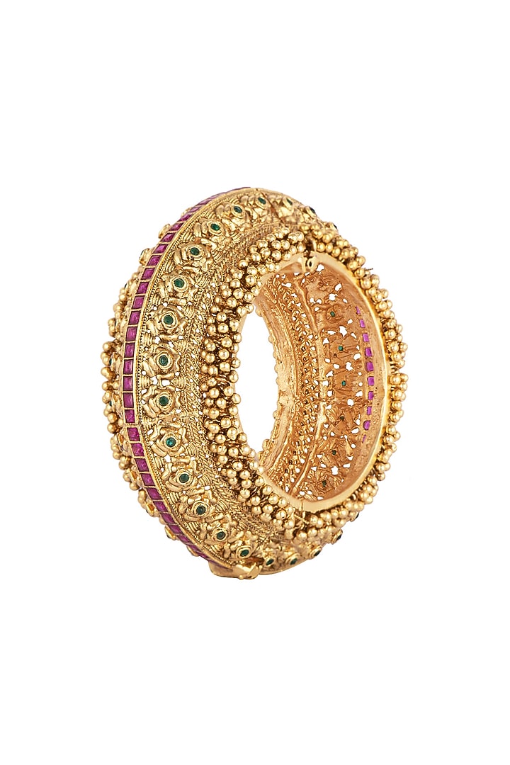 Gold Finish Red Kundan Polki Oversized Bangle by VASTRAA Jewellery at Pernia's Pop Up Shop