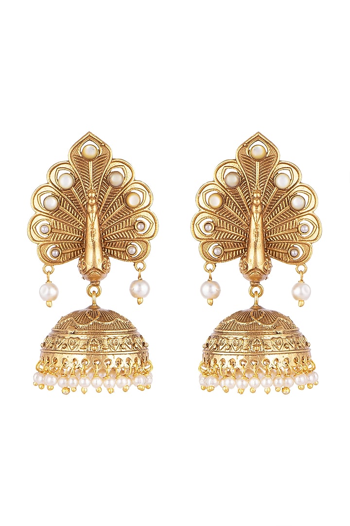Gold Finish Peacock Jhumka Earrings by VASTRAA Jewellery at Pernia's Pop Up Shop