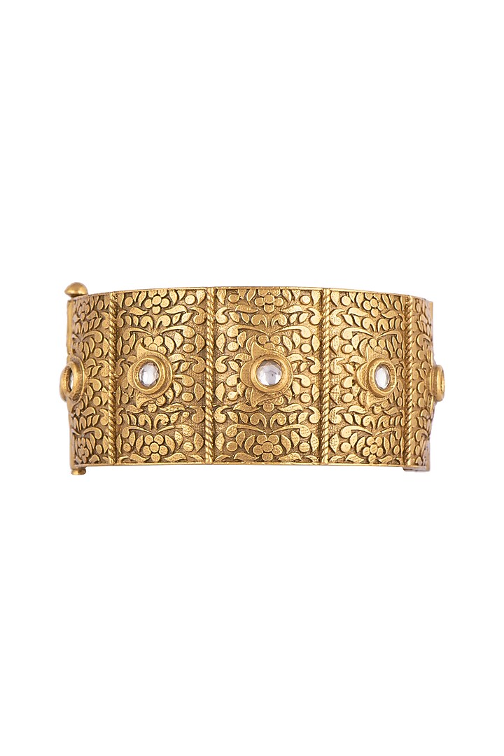 Gold Finish Kundan Polki Engraved Openable Bangle by VASTRAA Jewellery at Pernia's Pop Up Shop