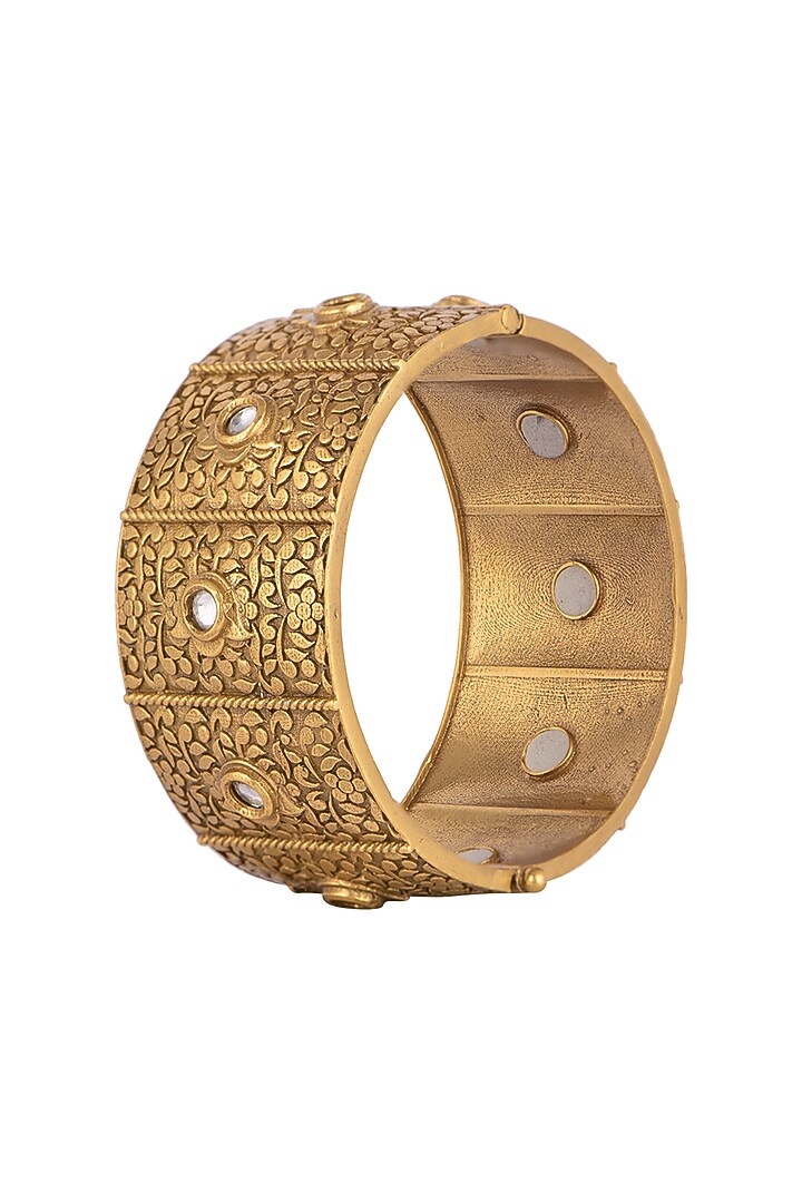 Gold Finish Kundan Polki Engraved Openable Bangle by VASTRAA Jewellery at Pernia's Pop Up Shop