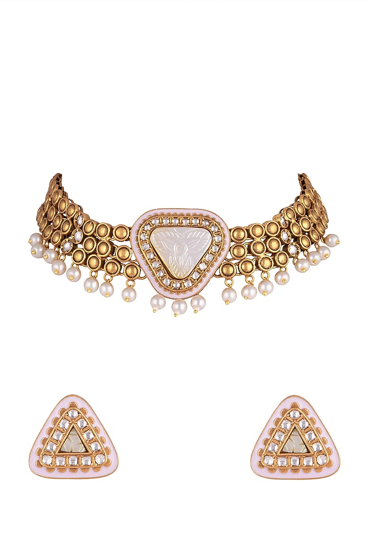 Gold Finish White Stone Meenakari Necklace Set by VASTRAA Jewellery at Pernia's Pop Up Shop