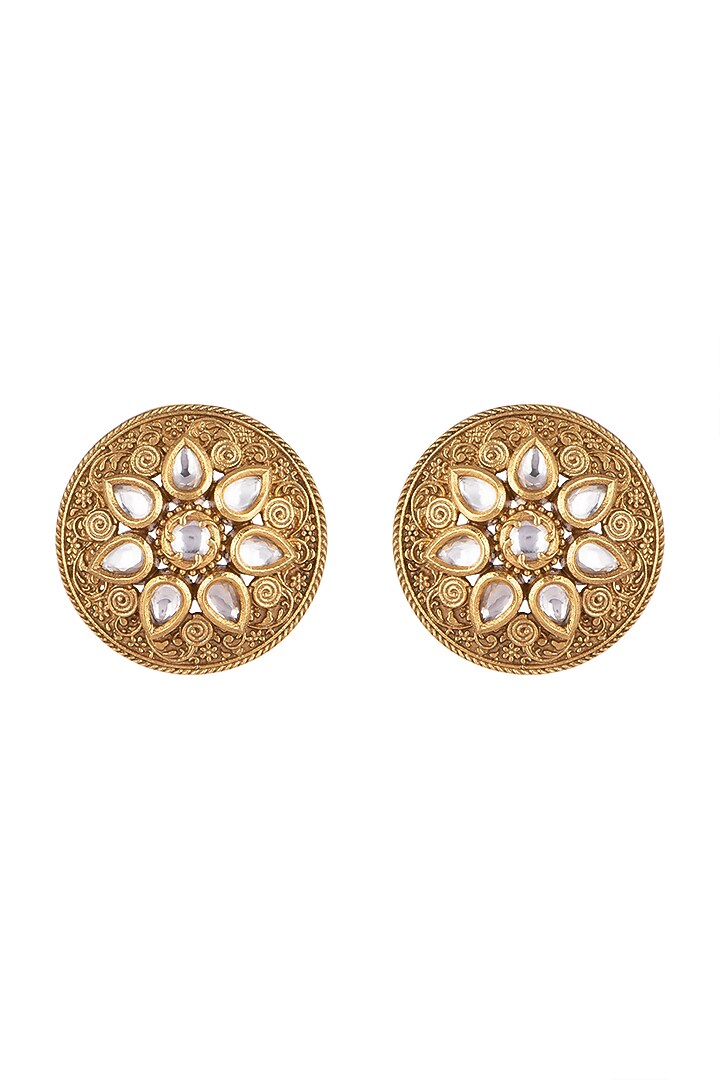 Gold Finish Kundan Polki Engraved Stud Earrings by VASTRAA Jewellery at Pernia's Pop Up Shop