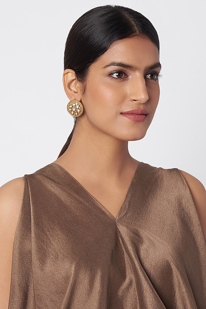 Gold Finish Kundan Polki Engraved Stud Earrings by VASTRAA Jewellery