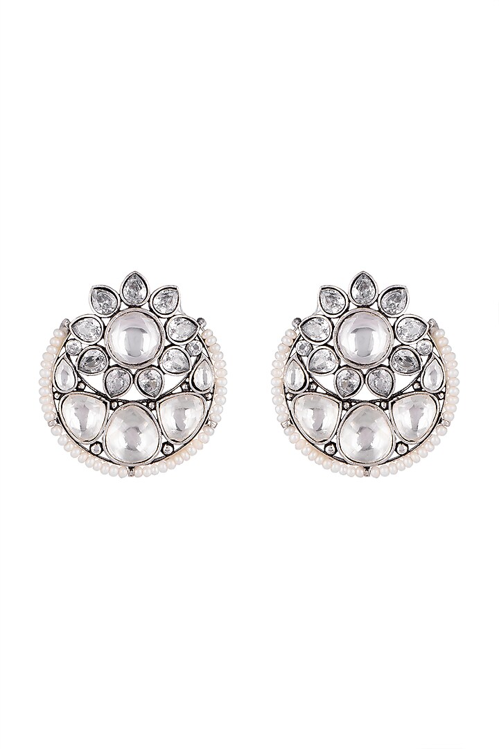 Black Rhodium Finish Kundan Polki Stud Earrings by VASTRAA Jewellery at Pernia's Pop Up Shop