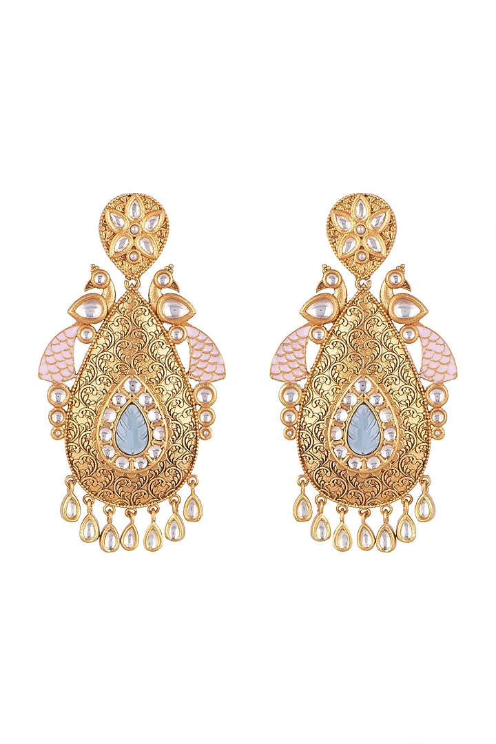 Gold Finish Kundan Polki Meenakari Peacock Earrings by VASTRAA Jewellery at Pernia's Pop Up Shop