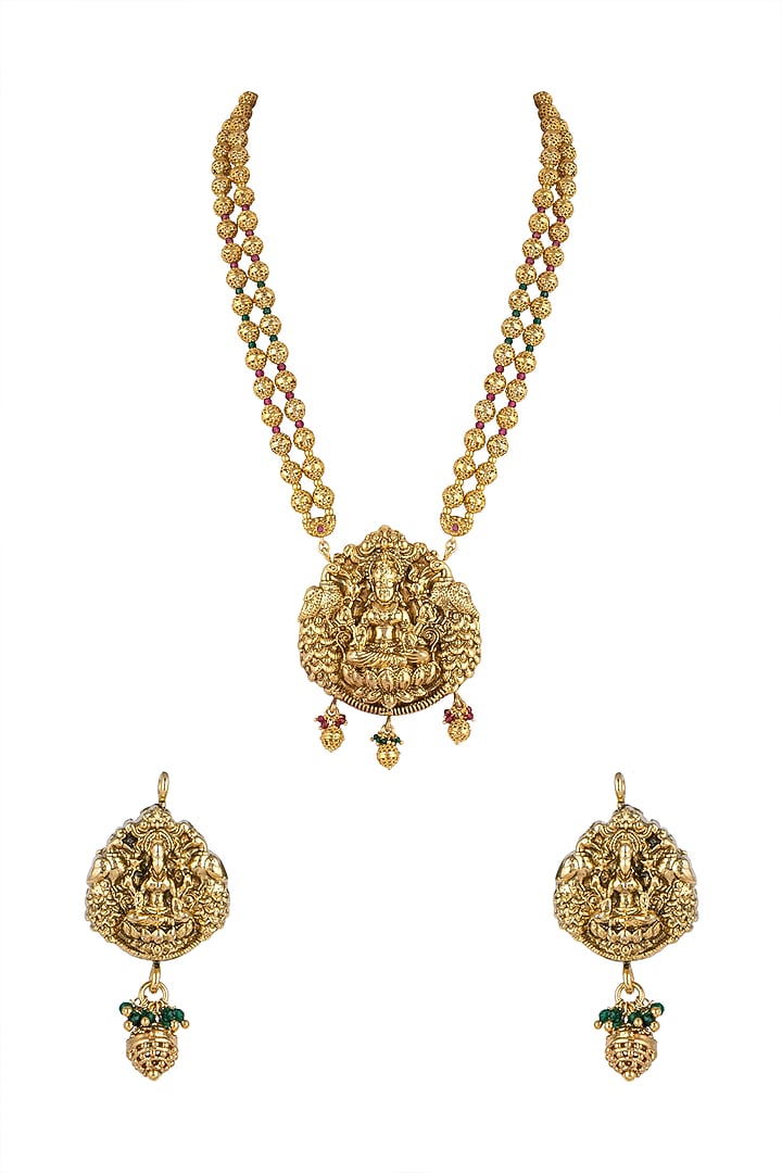 Gold Finish Long Temple Necklace Set by VASTRAA Jewellery at Pernia's Pop Up Shop