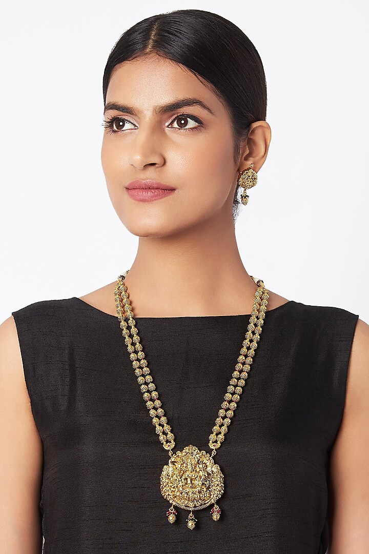 Gold Finish Long Temple Necklace Set by VASTRAA Jewellery