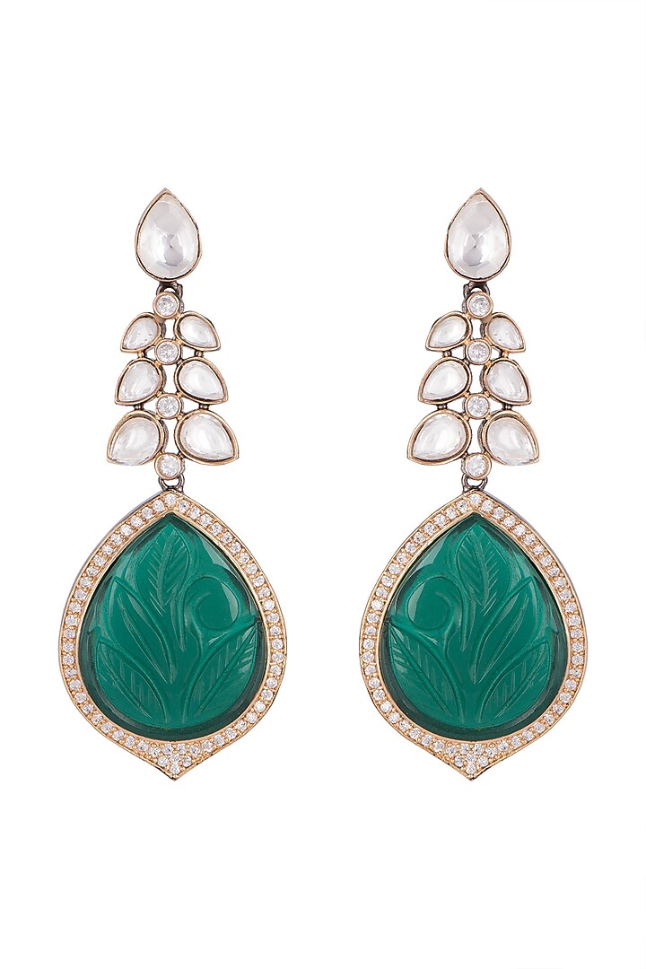 Black Rhodium Finish Kundan Polki & Green Stone Earrings by VASTRAA Jewellery at Pernia's Pop Up Shop