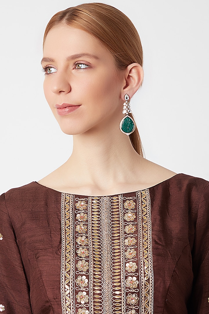 Black Rhodium Finish Kundan Polki & Green Stone Earrings by VASTRAA Jewellery