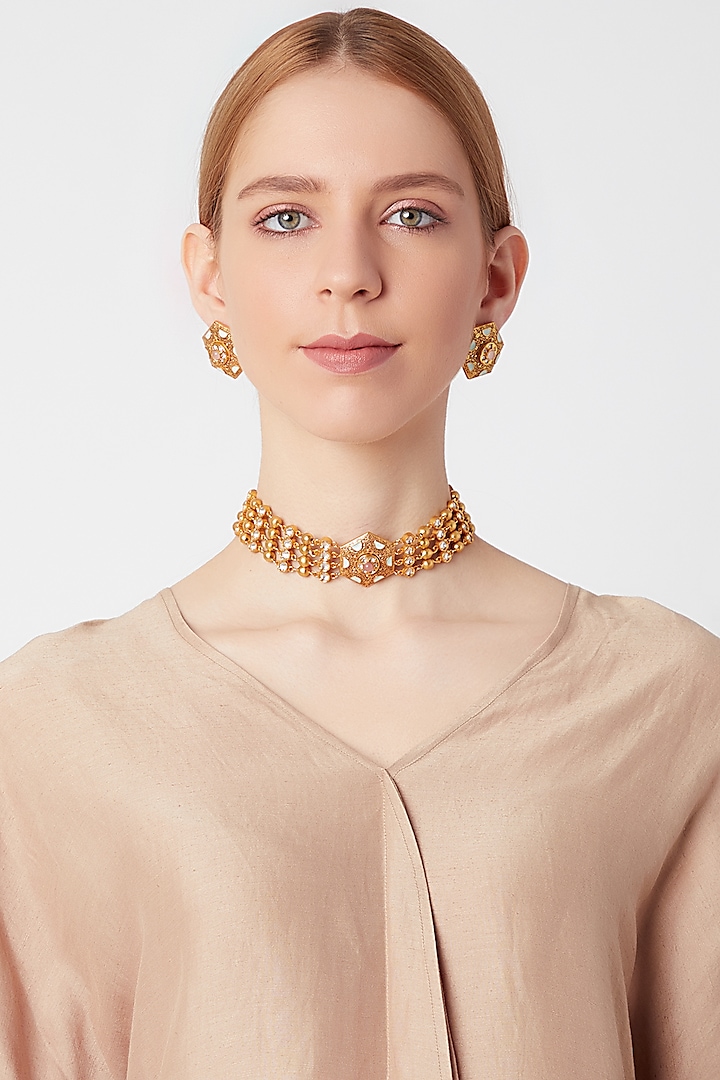 Gold Finish Kundan Polki Meenakari Choker Necklace Set by VASTRAA Jewellery