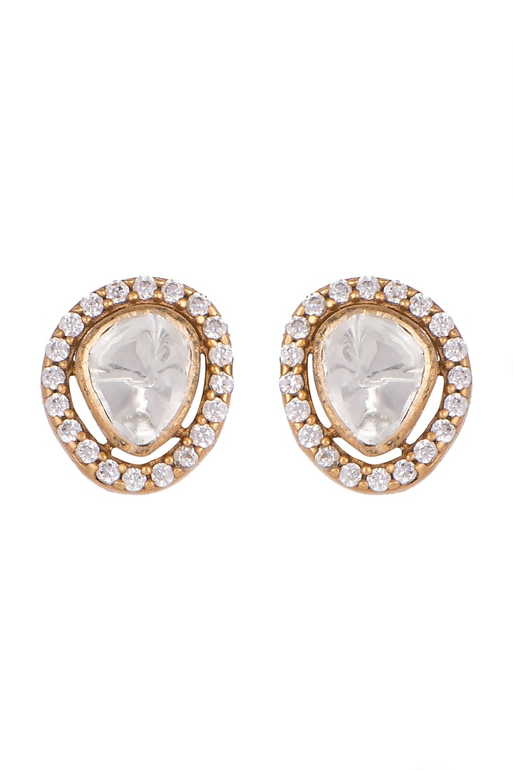 Gold Finish Zircon & Kundan Polki Stud Earrings by VASTRAA Jewellery at Pernia's Pop Up Shop