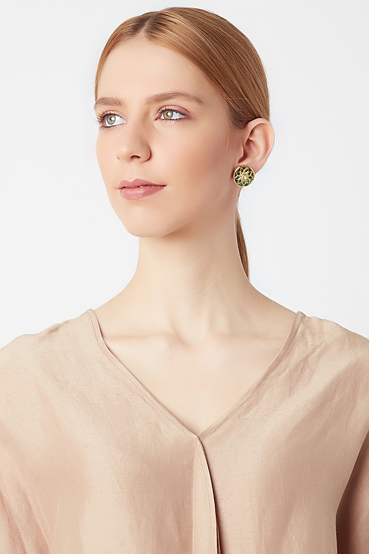 Gold Finish Green Meenakari Earrings by VASTRAA Jewellery