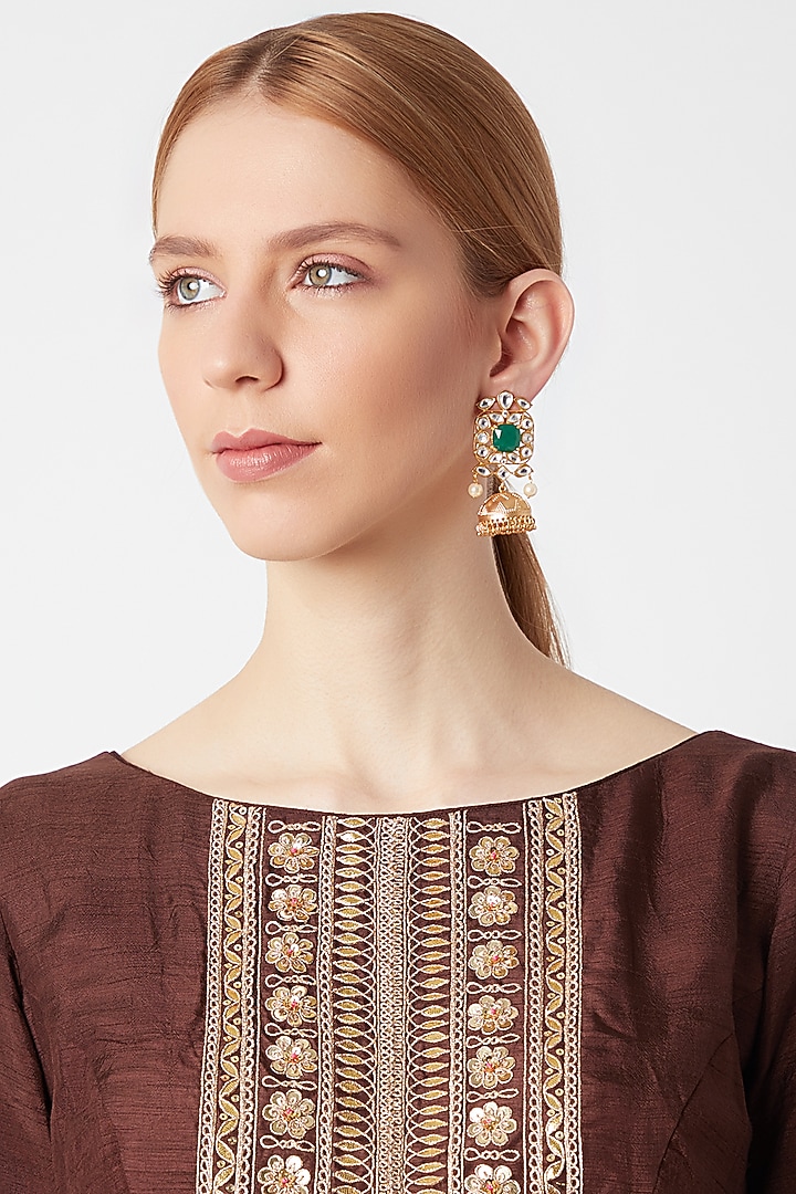 Gold Finish Kundan Polki Jhumka Earrings by VASTRAA Jewellery at Pernia's Pop Up Shop