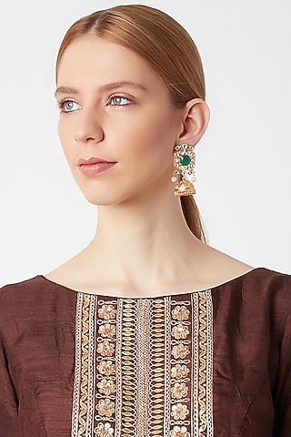 Gold Finish Kundan Polki Jhumka Earrings by VASTRAA Jewellery