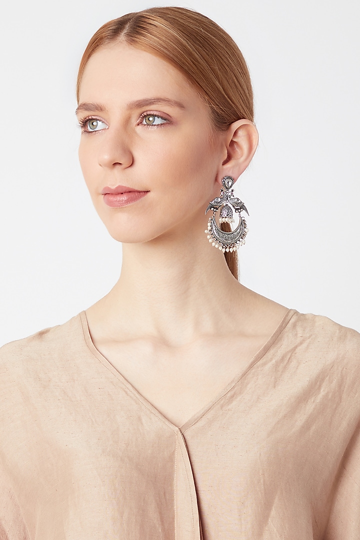 White Finish Faux Pearl Chandbali Earrings by VASTRAA Jewellery