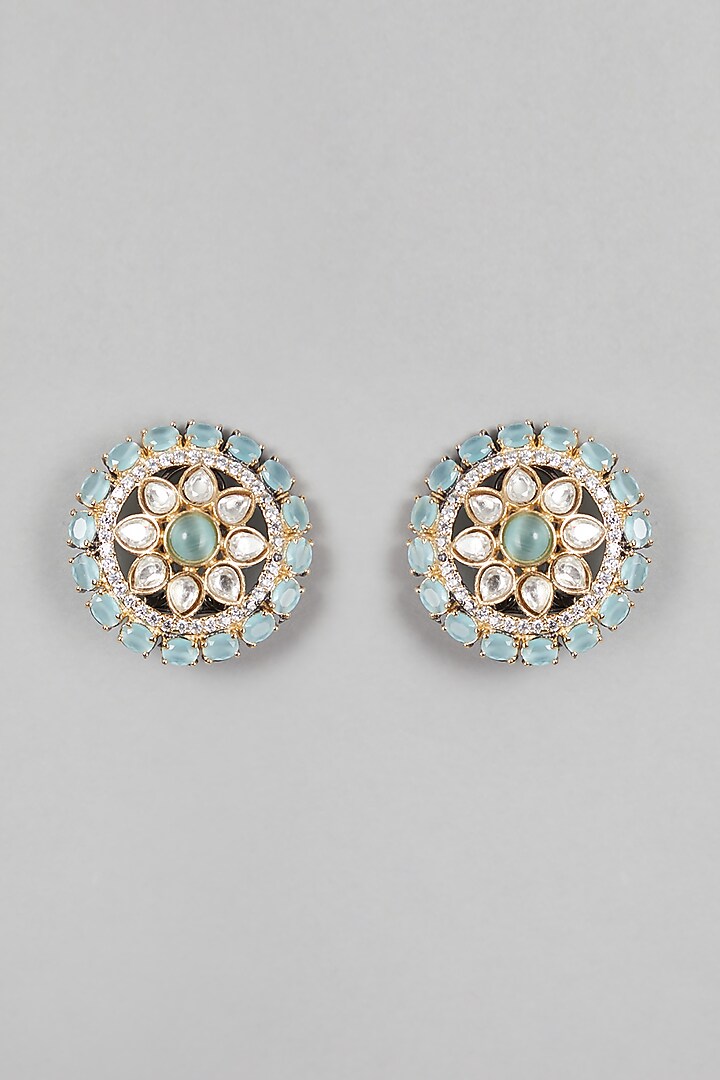 Gold Finish Light Blue Stone Stud Earrings by VASTRAA Jewellery at Pernia's Pop Up Shop