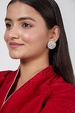 Gold Finish Light Blue Stone Stud Earrings by VASTRAA Jewellery