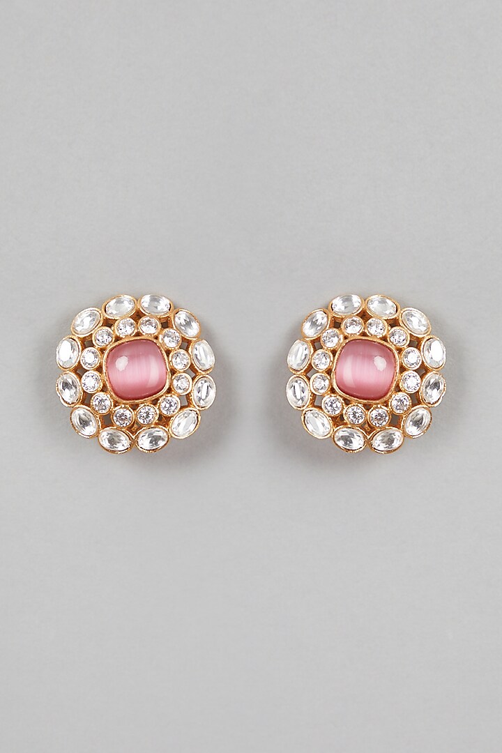 Gold Finish Pink Stone & Kundan Polki Stud Earrings by VASTRAA Jewellery at Pernia's Pop Up Shop