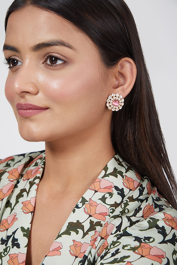 Gold Finish Pink Stone & Kundan Polki Stud Earrings by VASTRAA Jewellery